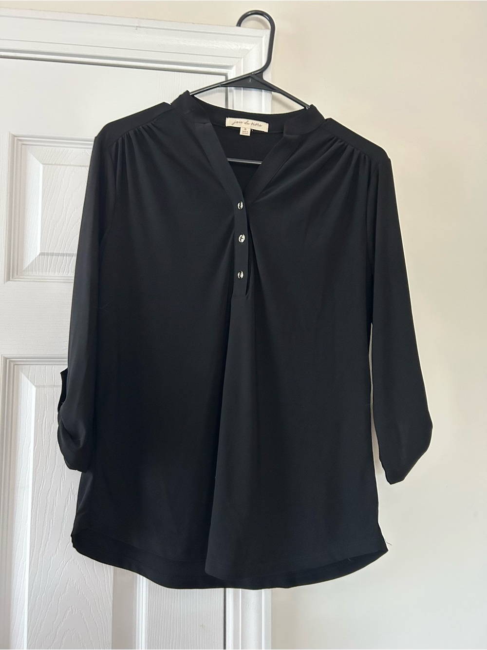 Black V-Neck Henley Blouse with Button Placket